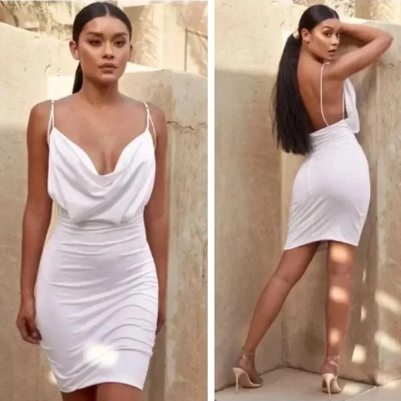 NEW House of CB Samara White Drapey Jersey Cowl Neck Spaghetti Strap Midi Dress - Picture 1 of 10